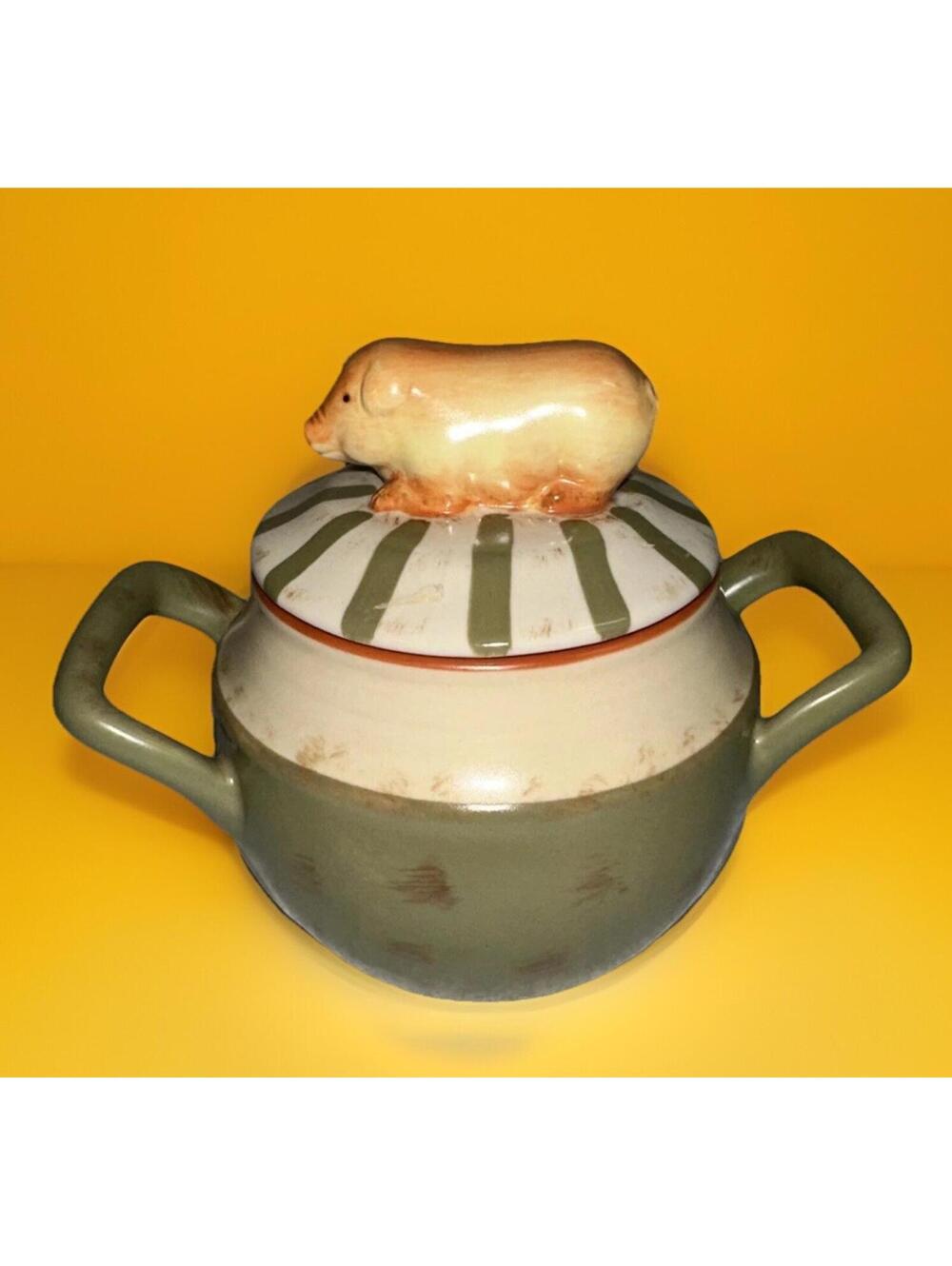 Nikko Pig Canister Jar Sugar Bowl 2 Handle Country Market Collection Green Farm